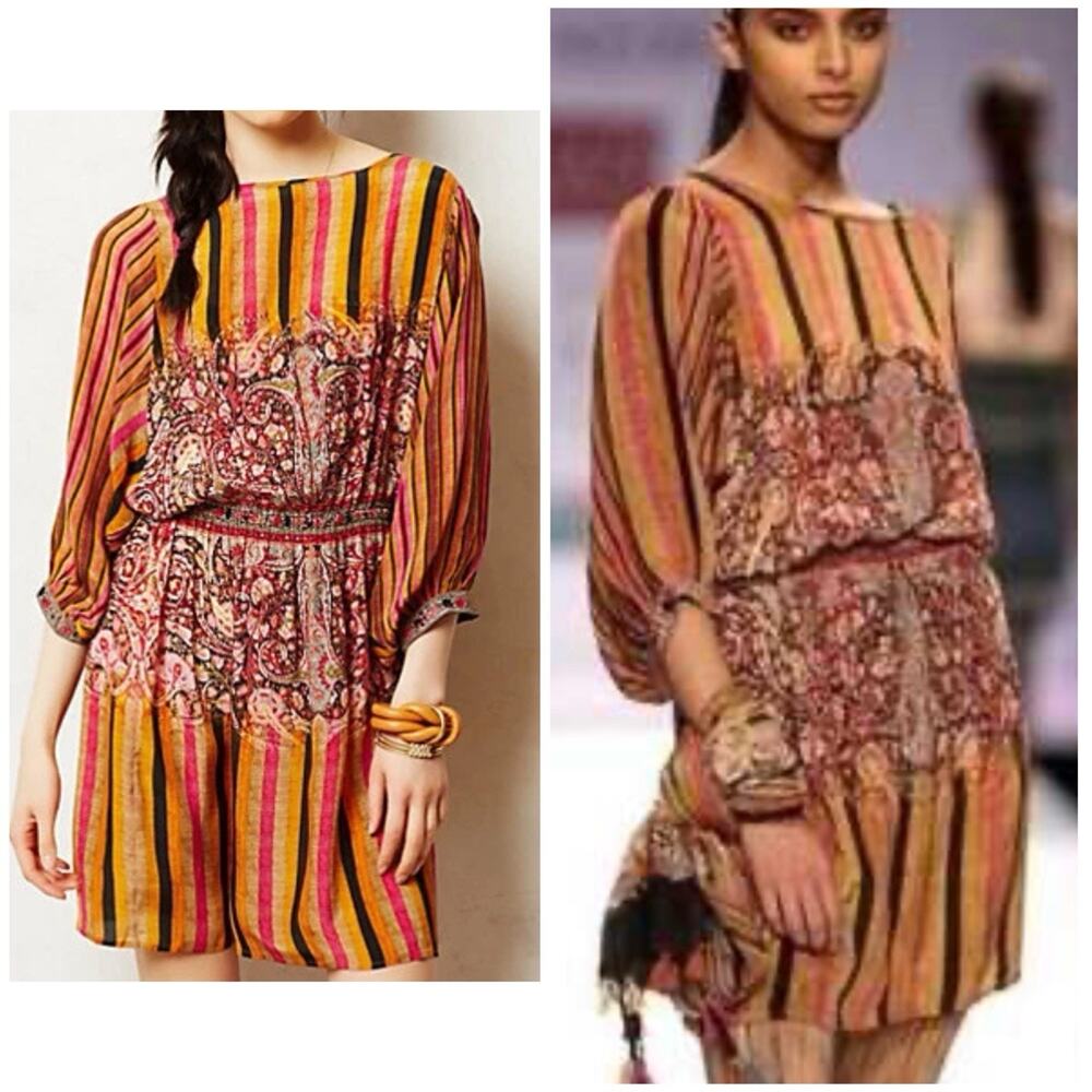 Tanvi Kedia Boho Luxe Mini Dress S Paisley Stripe Balloon Sleeve Festival Design